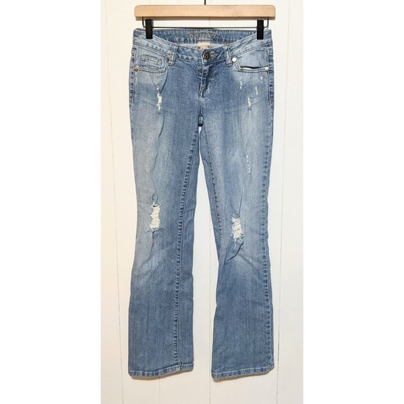 Decree Juniors Womens Low Rise Bootcut Jeans Size 1 Blue Distressed Boot Cut - Picture 10 of 10